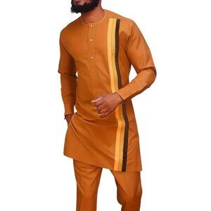 African Formal Dashiki Vibrant Orange Shirt & Pant Suit Traditional Dress Outfit